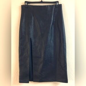 Topshop Faux Leather Midi Pencil Skirt Side Slit Size 12 Black